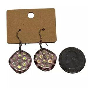 Pink Iridescent Halographic Polka Dot Flat Round Hand Blown Art Glass Earrings